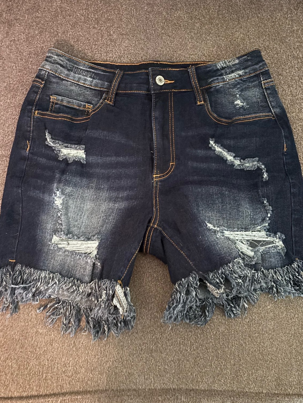 Frayed Hem Dark Blue Denim Shorts- no brand